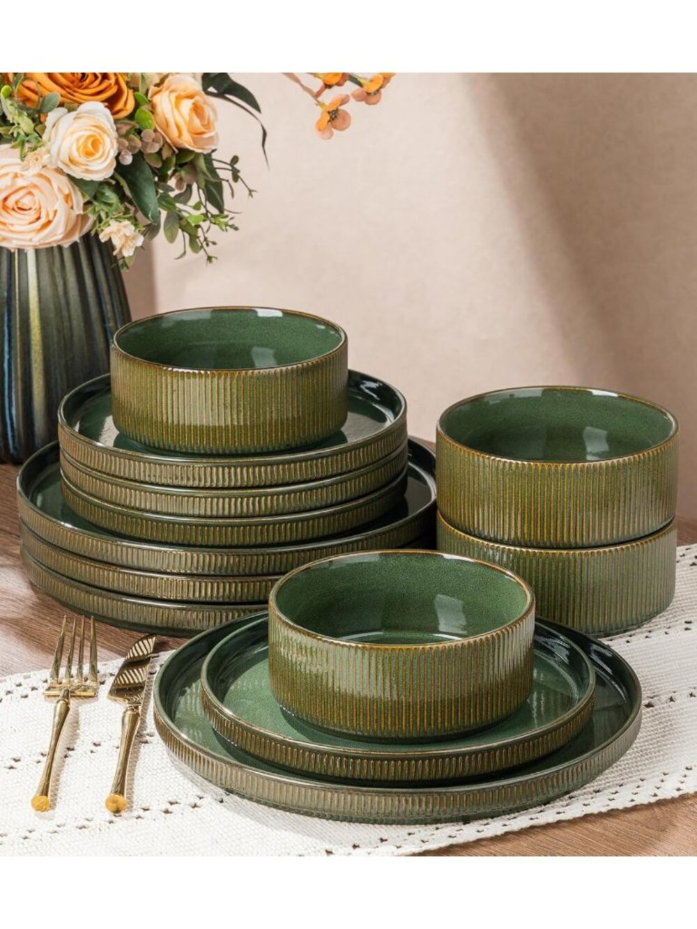 Elegant Stoneware Dinnerware Set for 4 - 12 Pieces Plates & Bowls, Kitchen
